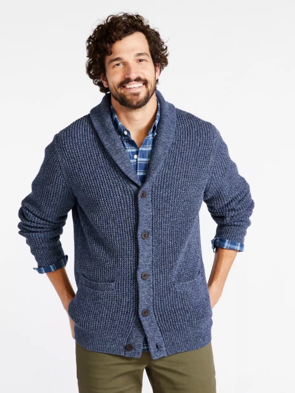 L.L. Bean Men's Organic Cotton Waffle Stitch Cardigan Sweater Shawl Collar XXL T